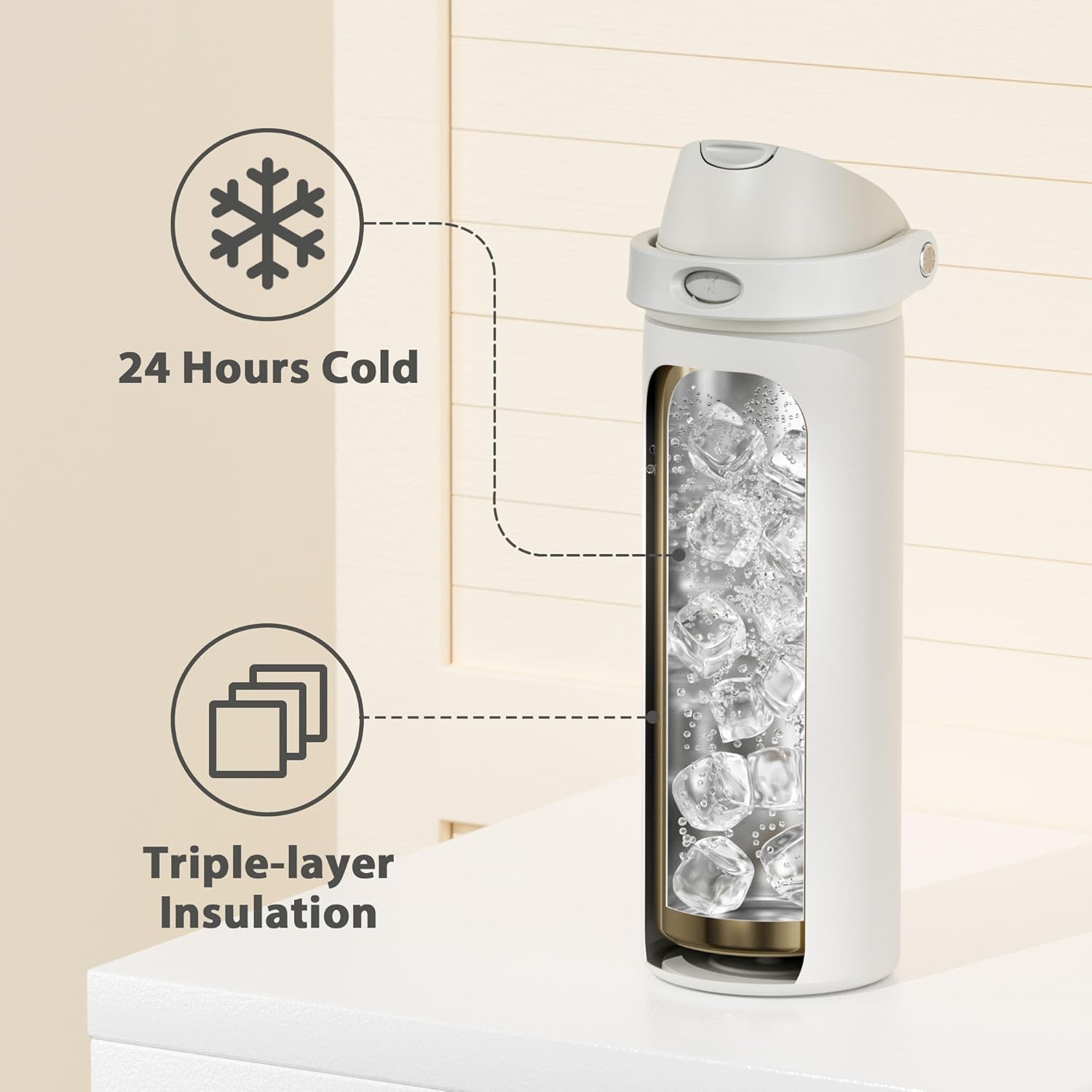 24 oz Insulated Water Bottle with Straw: Meoky Stainless Steel Metal Water Bottle with 2-in-1 Lid - Leak Proof, Cold for 24 Hours, Protective Silicone Base, BPA-Free for Sports Travel Car, Ivory - Image 5