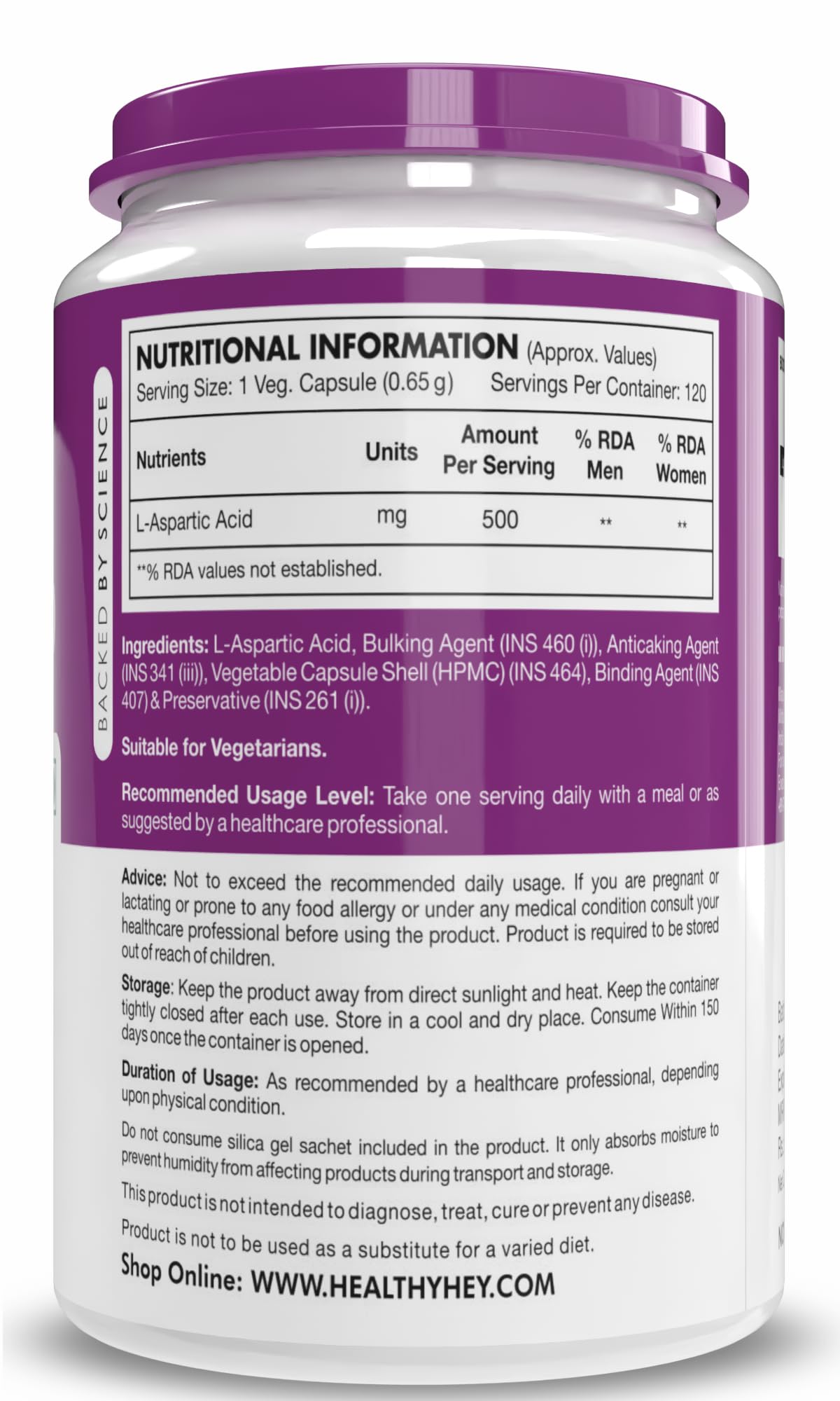 HealthyHey Nutrition L-Aspartic Acid Capsules, 120 veg.capsules