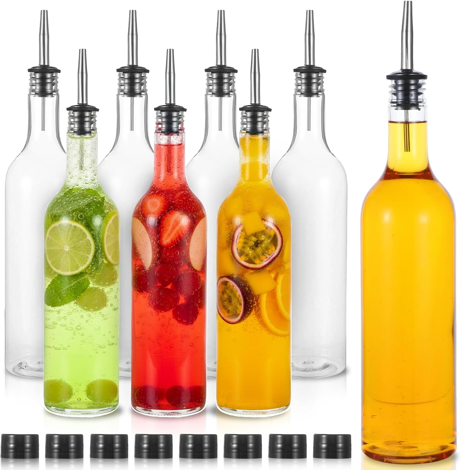 8 Sets 25 oz Plastic Liquor Bottles Long Neck Syrup Juice Bottles with Pourer and Caps Plastic Leakproof Pour Container with Stainless Steel Pourer Tapered Spout for Home Party Bar