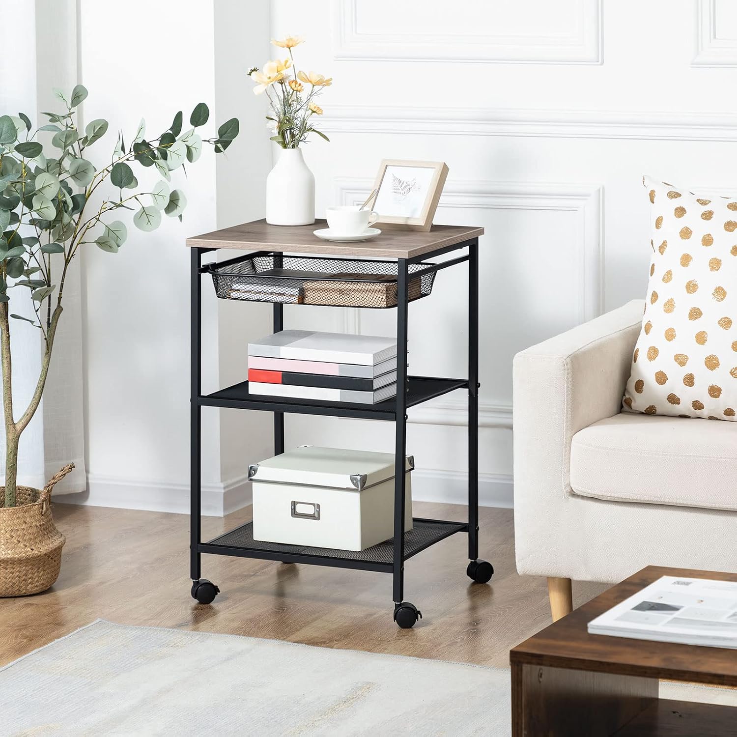 HOOBRO Printer Stand, 3-Tier Machine Cart with Adjustable Mesh Drawer, Heavy Duty Storage Rack on Wheels,for Home Office, Grey BG23PS01