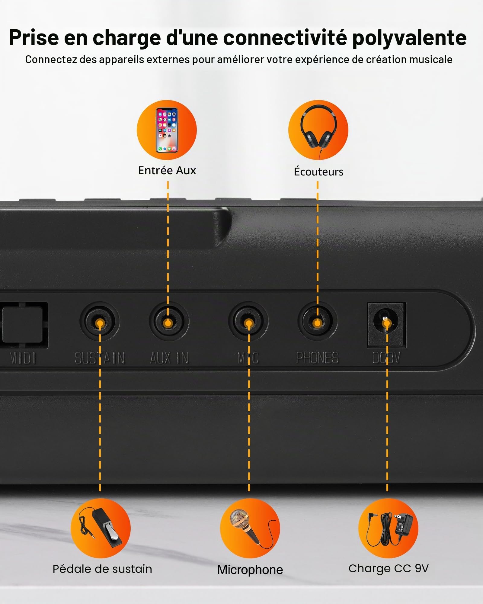LEKATO Piano numérique 61 touches avec support, clavier électronique pour débutants, touches éclairées, écran LED, modes d'apprentissage, pupitre, noir