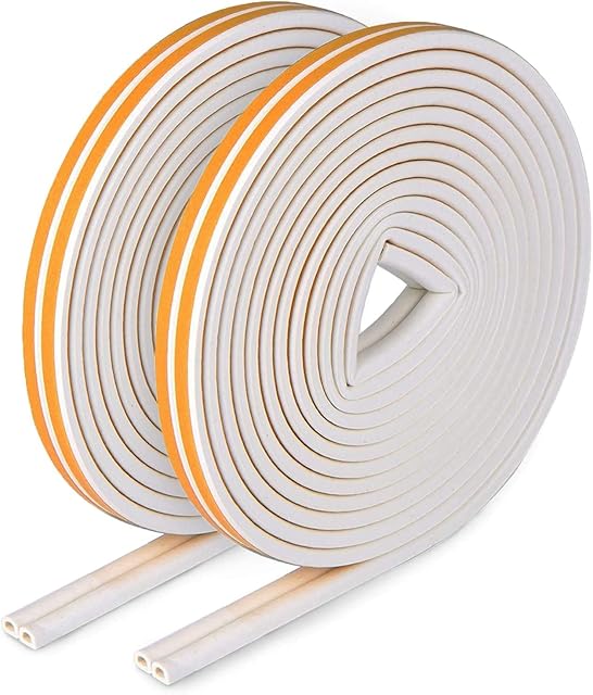 Weather Strip Tape, Doors Windows Draught Excluder Anti-Collision Self-Adhesive Rubber D Type EPDM Foam Seal Soundproofing Draft Stopper [2 Pack], Yellow/White, Total 12m