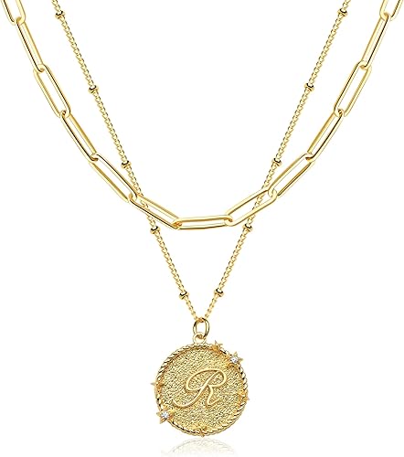 LOYATA Layered Choker Necklace Gold Star Initial Coin Pendant 2 Layer Diamond Cu