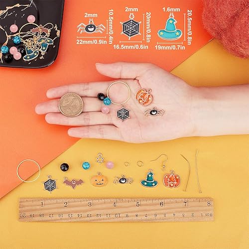 Miniatura 52 de SUNNYCLUE 1 caja de 10 pares de aretes de Halloween, kit de iniciación de esqueleto, hueso, araña, calabaza, cuentas de vidrio para kits