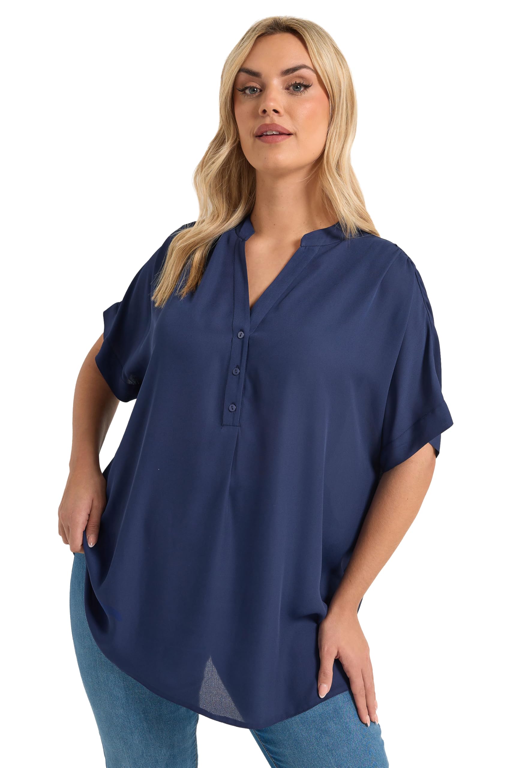 Yours Women's Mid Navy Curve Navy Blue Half Placket V-Neckline Blouse - Plus Size Curve