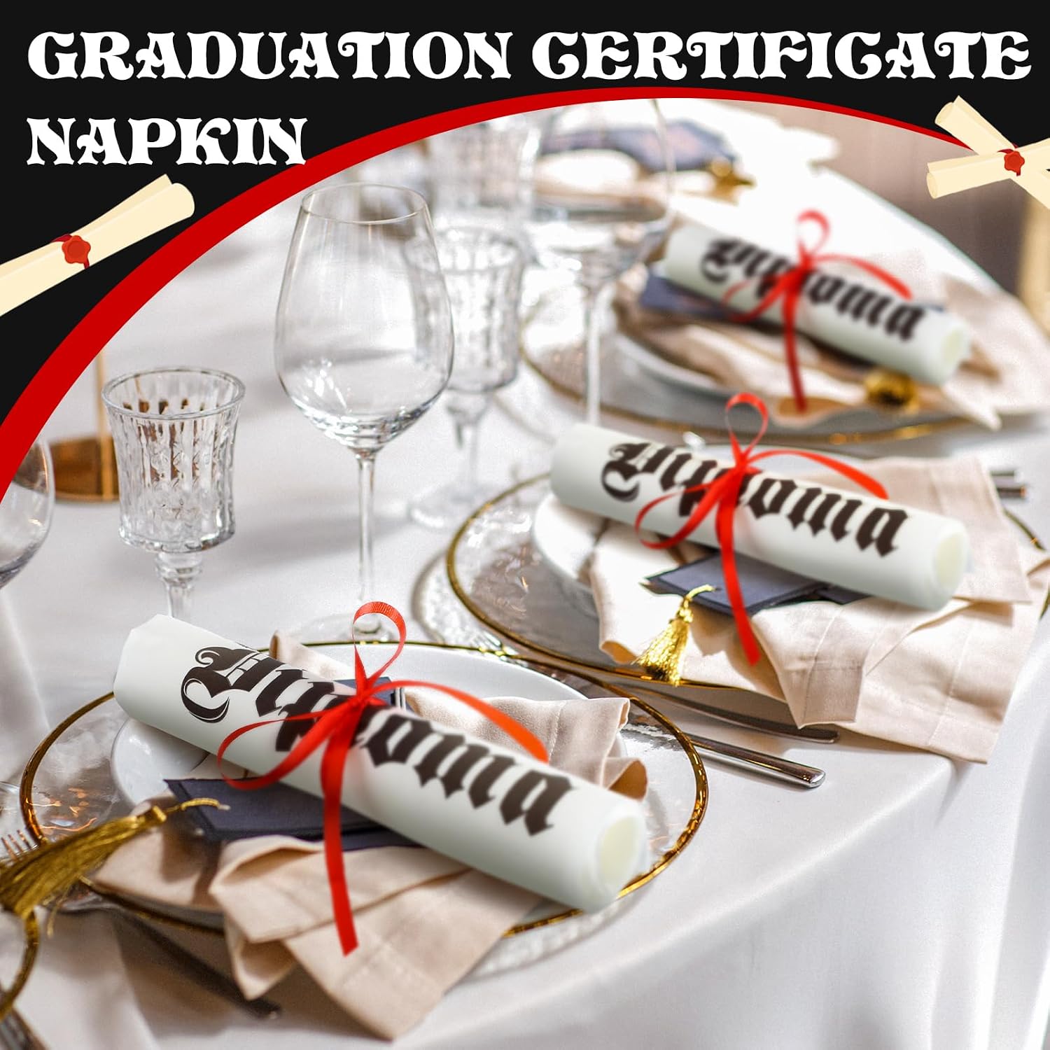 Gilprop 100 Set Graduation Diploma Guest Napkins Red Black and White Rolled Silverware Disposable Grad Award Dinner Napkin with Ribbon and Scissors for Celebration (diploma, Red, 100 Pcs)