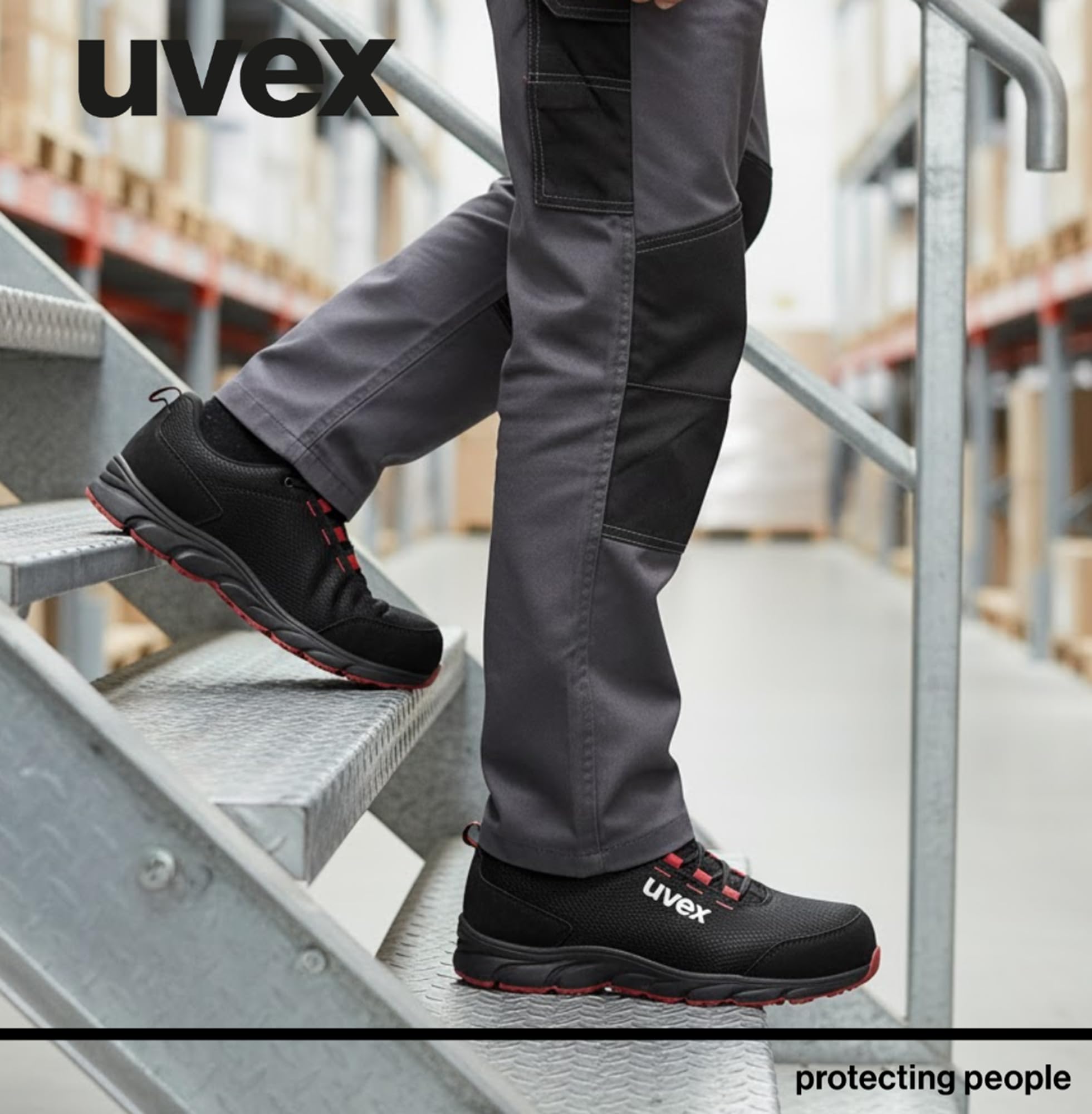 Uvex 1 x Dynam-x S1 PL buty ochronne – bez metalu, wyjątkowo lekkie i oddychające – męskie i damskie – antypoślizgowe – czarne/czerwone – szerokość 11