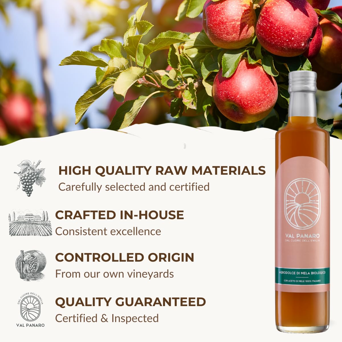 Val Panaro Organic Apple White Balsamic Vinegar – Authentic Italian, 500 ml Glass Bottle, Sweet & Fresh Condiment for Salads, Carpaccio, Tartare & Marinades