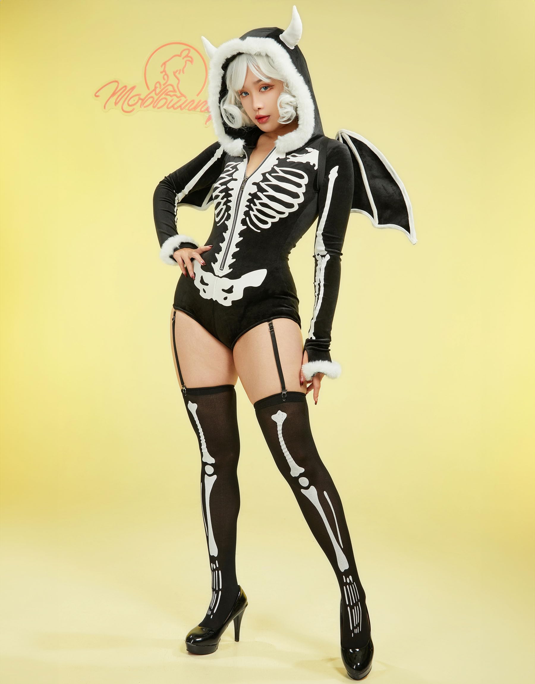 Mobbunny Women's Gothic Skull Style Romper Onesie Pajamas Halloween Skeleton Costume with Wings Hooded Short Jumpsuit: X-Large Black