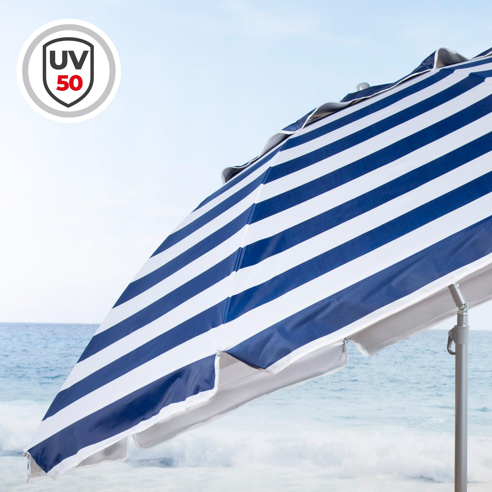 AKTIVE 62404 Ombrellone da spiaggia antivento 240 cm, 8 aste in fibra, protezione UV50, inclinabile, ventilazione Max+Air, manico in metallo 28/32 mm, tessuto Oxford 90 g, con custodia