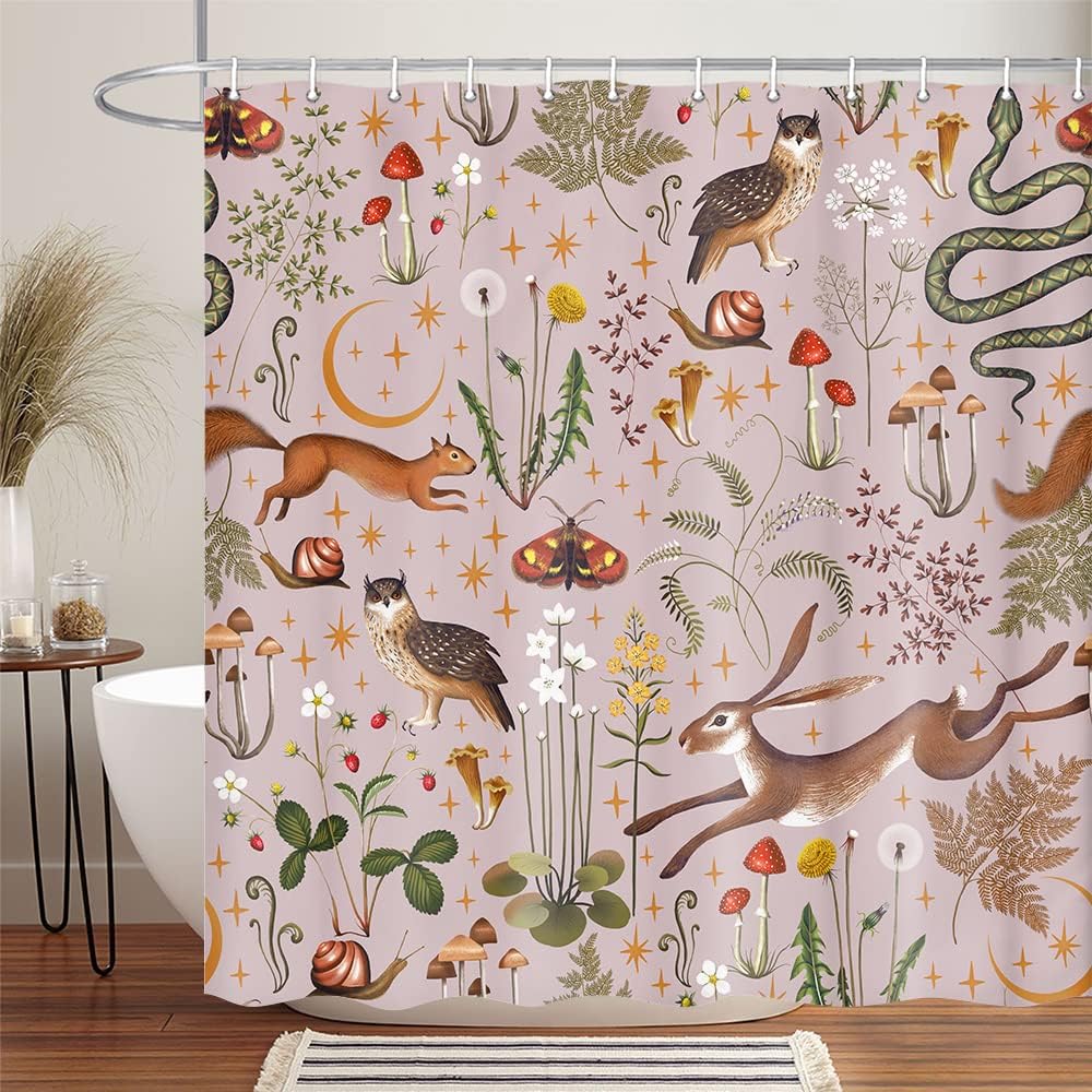 Fairy Rustic Forest Shower Curtain for Bahtroom, Country Woodland Wild Animals Butterfly Mushroom Set Hunting Shower Curtain, Farmhouse Rustic Cabin Lodge Shower Curtain Set with Hooks 70X84IN