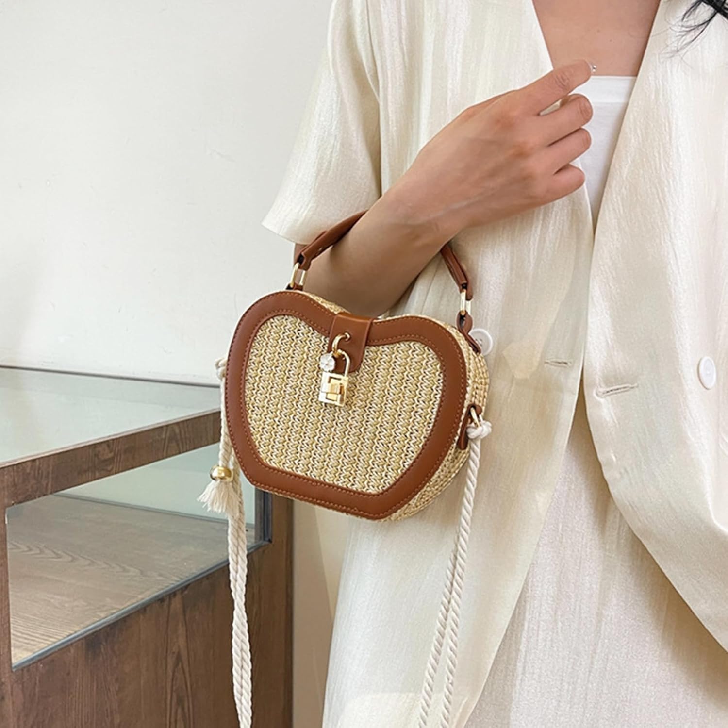Beach Straw Purse for Women Crossbody Straw Beach Cute Tote Brown Woven Basket Purse Vacation Handbag Shoulder Bag