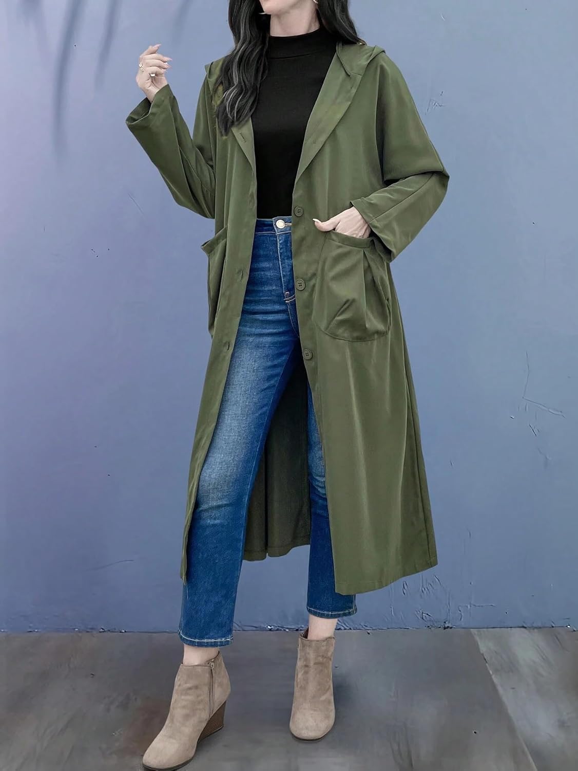 Womens Fashion Trench Outwear Open Front Pocket Trench Coat Jacket Coat