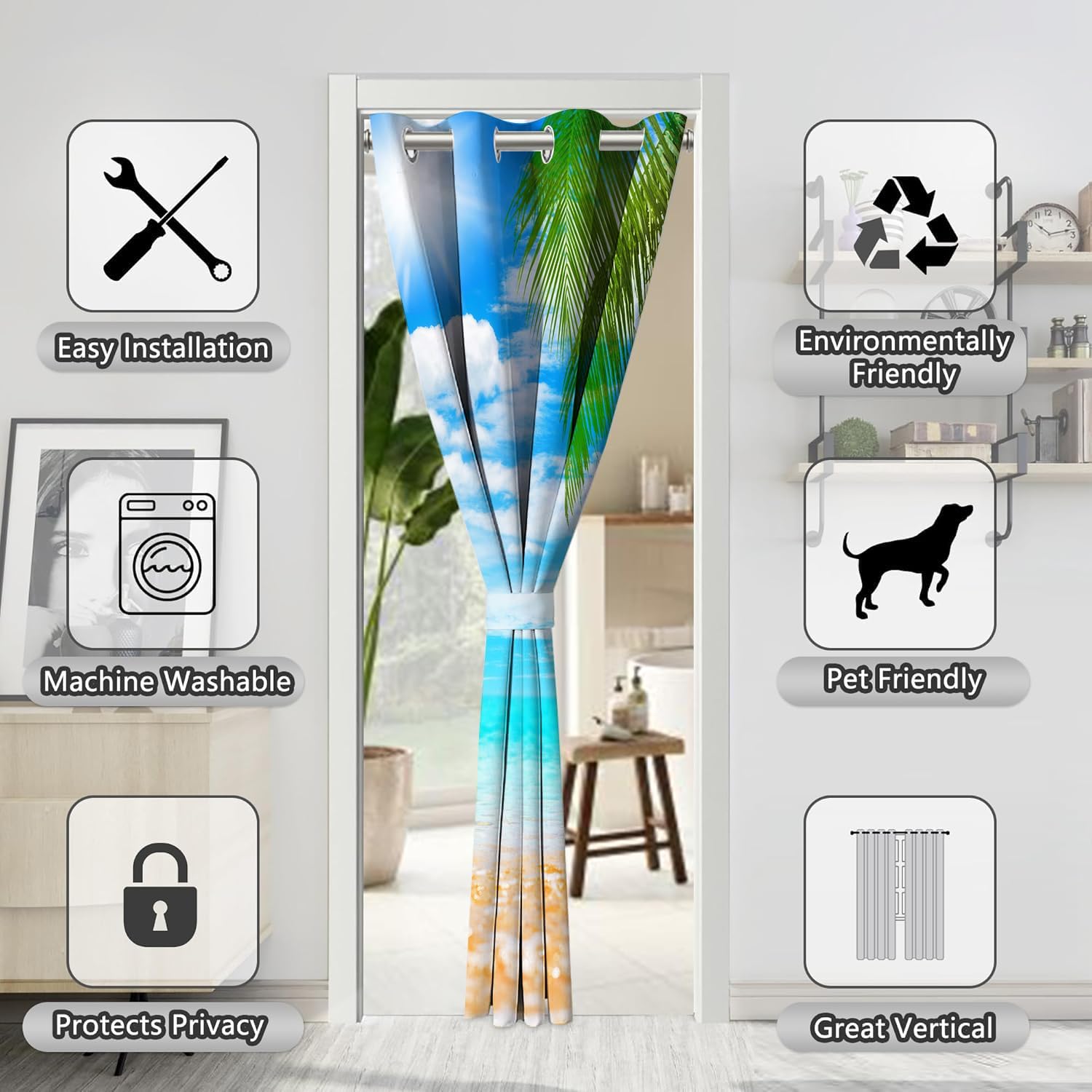 Ocean Door Curtains for Doorways, Beach Tropical Sea Coastal Blue Blackout Curtain for Kids Bedroom Closet, Grommet Thermal Insulated Privacy Door Drapes for Room Divider, 34" W x 80" L