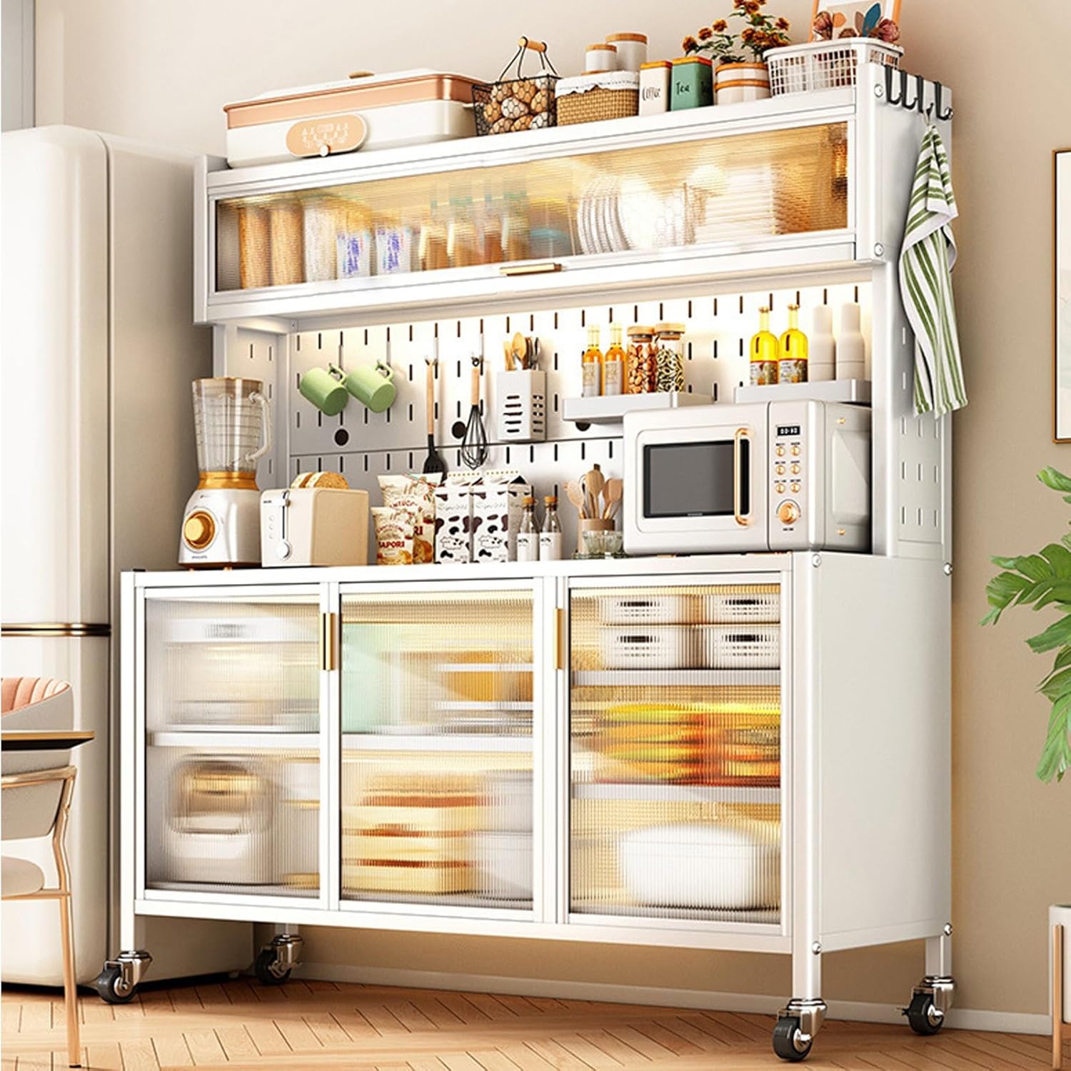 Kitchen Baker's Rack with Flip Door Cabinet, with of Brakeable Casters, Microwave Kitchen Cabinets with Storage, for Kitchen Hutch, Home, Office, Pantry, Garage (Siz