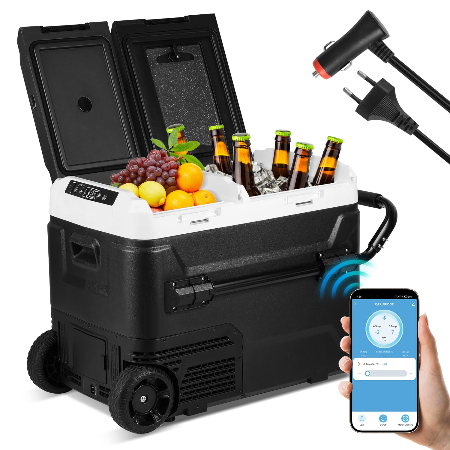 Herrselsam Kompresorowa lodówka turystyczna 50 l, lodówka samochodowa ze sterowaniem za pomocą aplikacji, 12/24 V i 100-240 V elektryczna, chłodzenie do -20 °C, do samochodu, ciężarówki, na kemping