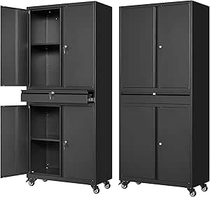 Letaya Metal Garage Storage Cabinet with Wheels, Rolling Tool Cabinet with 4 Door Lock, Adjustable Shelves, and 1 Drawer