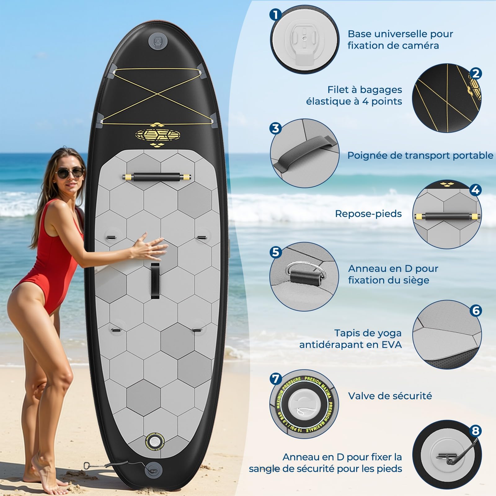Devoko Planche de Paddle Gonflable Adulte 320cm, Sup Gonflable 2-en-1 avec Siège & Accessoires, 130kg Charge Max - Idéal pour Surf, Pêche, Yoga