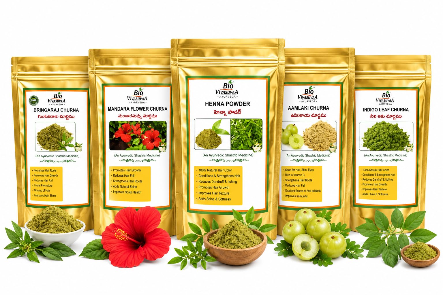 BIOVIVASVAA Ayurvedic Hair Care Powder Set, Hibiscus, Bringaraj, Brahmi, Henna, Amla Churna Pack for Natural Hair Treatment, 5 Pouches-image-23