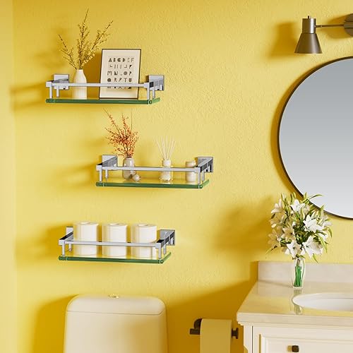 Miniatura 2 de Alise Estante de vidrio para baño con barandilla de acero inoxidable, cromado pulido, pequeño estante flotante de pared de vidrio templado sobre el