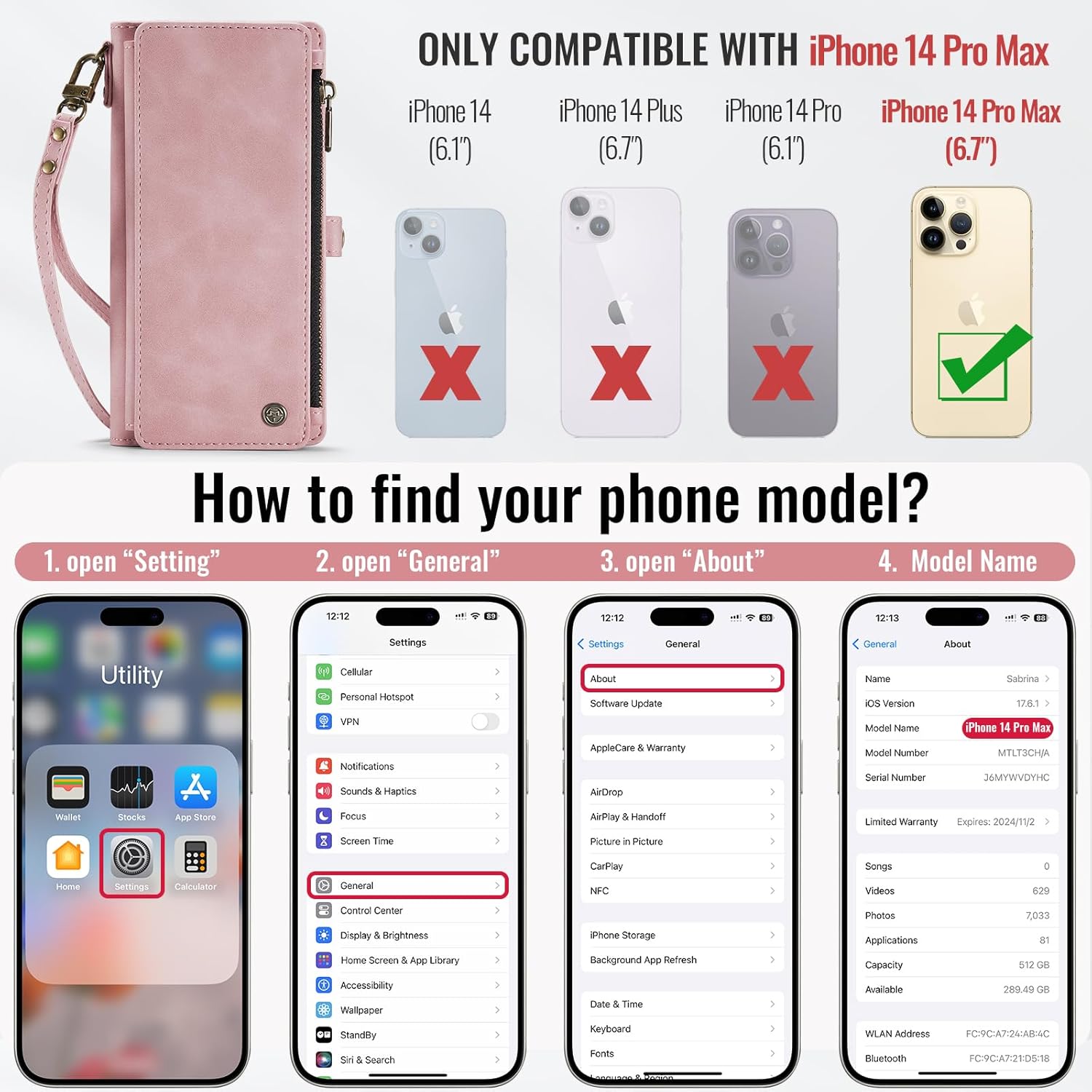 Defencase Compatible with iPhone 14 Pro Max Case Wallet with RFID Blocking Card Holder for Women Men, PU Leather Magnetic Snap Flip Zipper Strap Wallet Phone Case Fit for iPhone 14 Pro Max, Rose Pink
