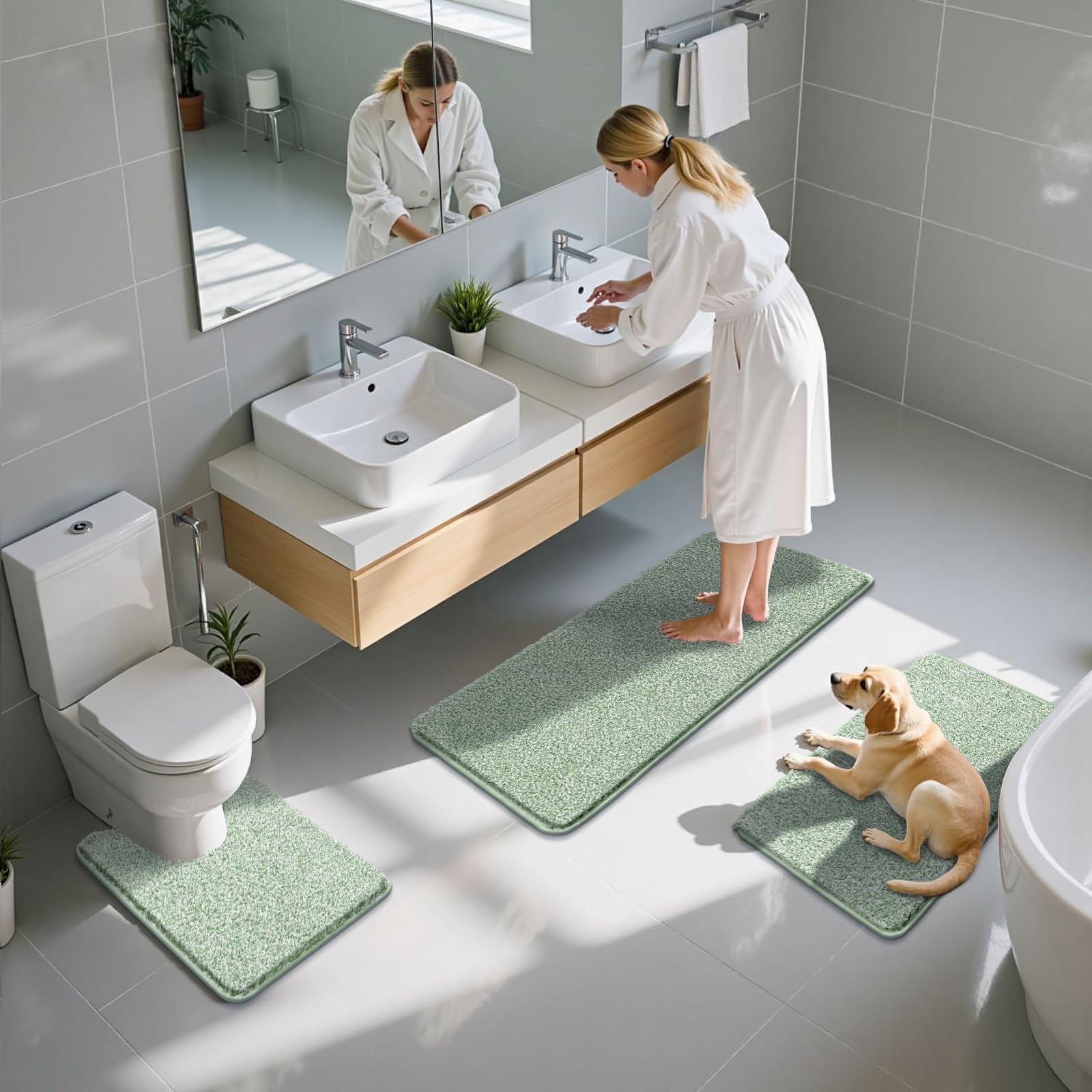 Enyhom Set di 3 tappetini da bagno in morbida microfibra, assorbente, ad asciugatura rapida, per WC (verde e bianco, 50 x 80 + 50 x 120 + U50 x 60 cm)