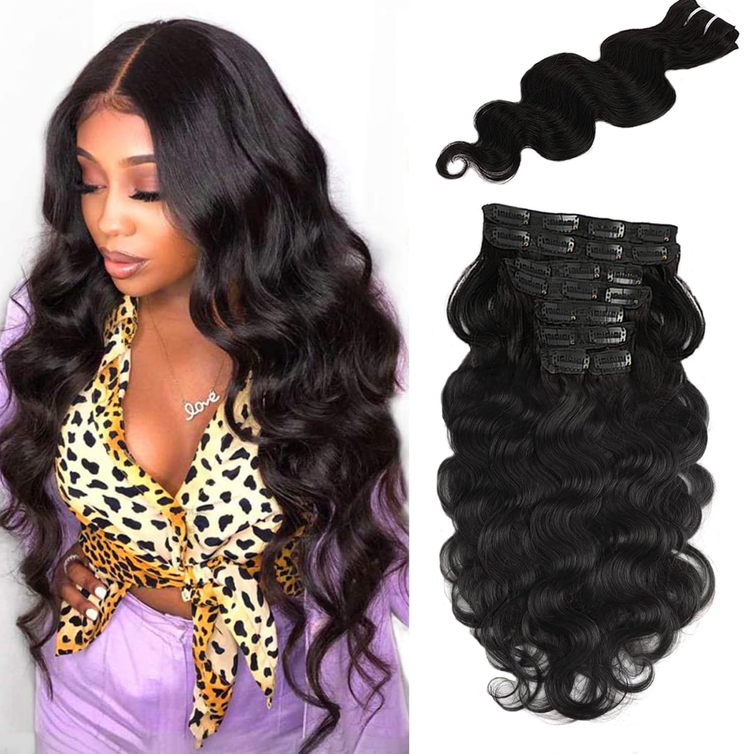 Body Wave Clip In Hair Extensions For Black Women Clip In Hair Extensions Real Human Hair 8Pcs Clip In Human Hair Extensions With 18 Clips Double Weft Natural Color 100g(24inch, Natural Black Body)