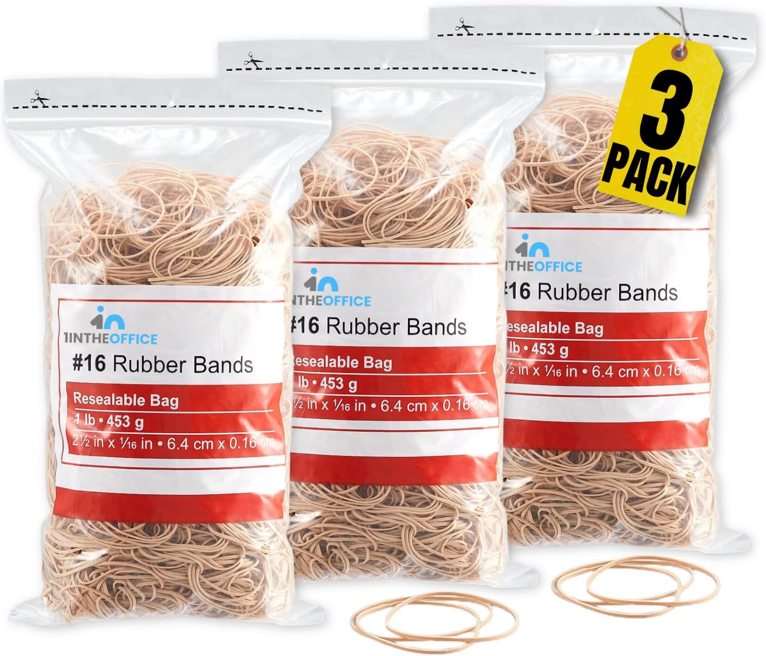 1InTheOffice Rubber Bands Size 16, 1lb Bag, 5,700 Beige Bands, Office Supplies, 3-Pack