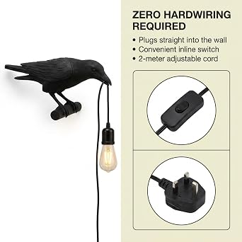 Black Bird Wall Lamps Resin Crow Resin Lamp with Bulb E27 Base Modern Raven Art Deco Bedside Decor 3 Pin Plug in Cord Wall Lamps for Bedroom, Office, College Dorm [Energy Class A]