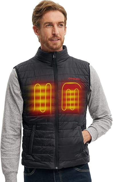 CONQUECO Men's Heated Vest Jacket: Slim Fit Electric Heating Gilet with Battery Pack in Winter Warm for Outdoor Camping Hiking Hunting