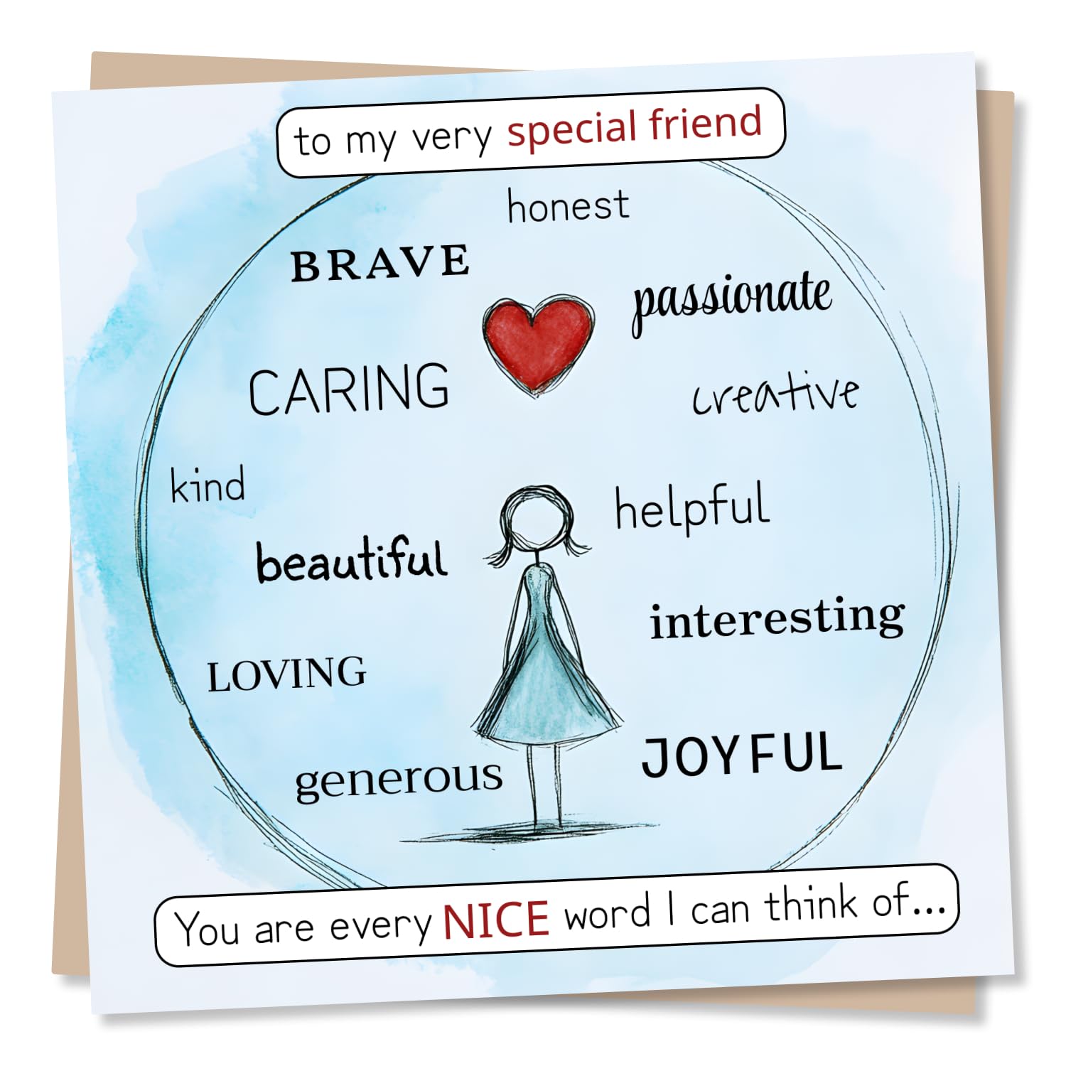 Sincere Happy Birthday Card for Special Friend - Every Nice Word I Can Think Of - Caring, Beautiful, Brave - For a Bestie, Friendship