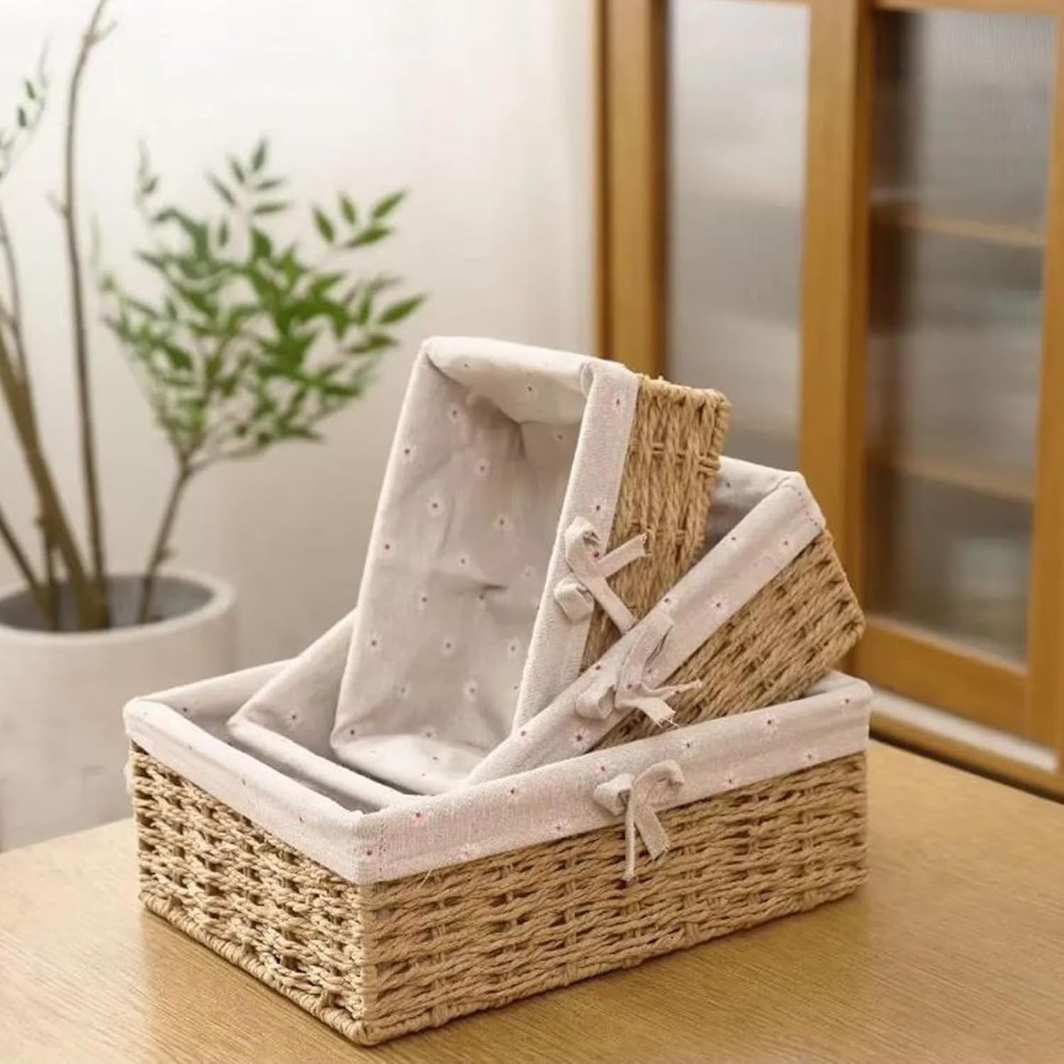 Set Of 3 Rattan Bread Basket, Handwoven Wicker Serving Baskets Bowls For Candy Snack Fruits, Rectangle