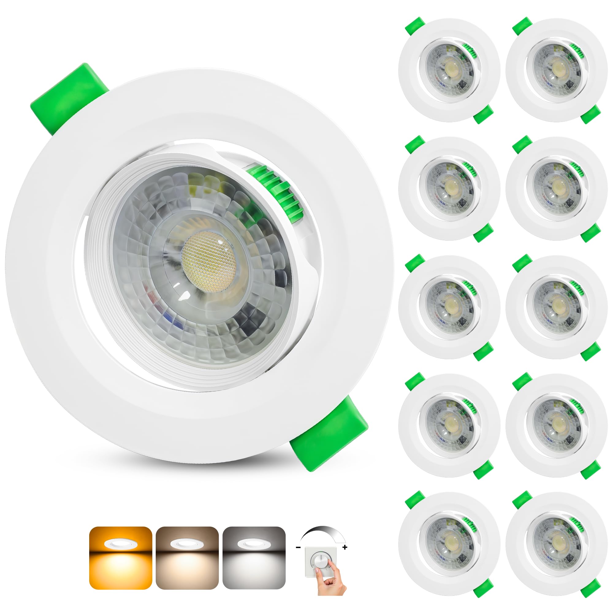 Aulaiyi LED Einbaustrahler 230V Dimmbar 68-80mm Lochmaß 5W IP44 LED Spots Ultra Flach Deckenspots 45° Schwenkbar Einbauleuchten 2700K/4000K/6000K Spots Deckenleuchte für Badezimmer, Weiß 10er Set