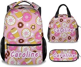 Customized Donut Girls Backpack with Lunch Box Set, 3 in 1 Personalized School Backpacks Matching Combo, Cute Pink Bookbag and Pencil Case Bundle