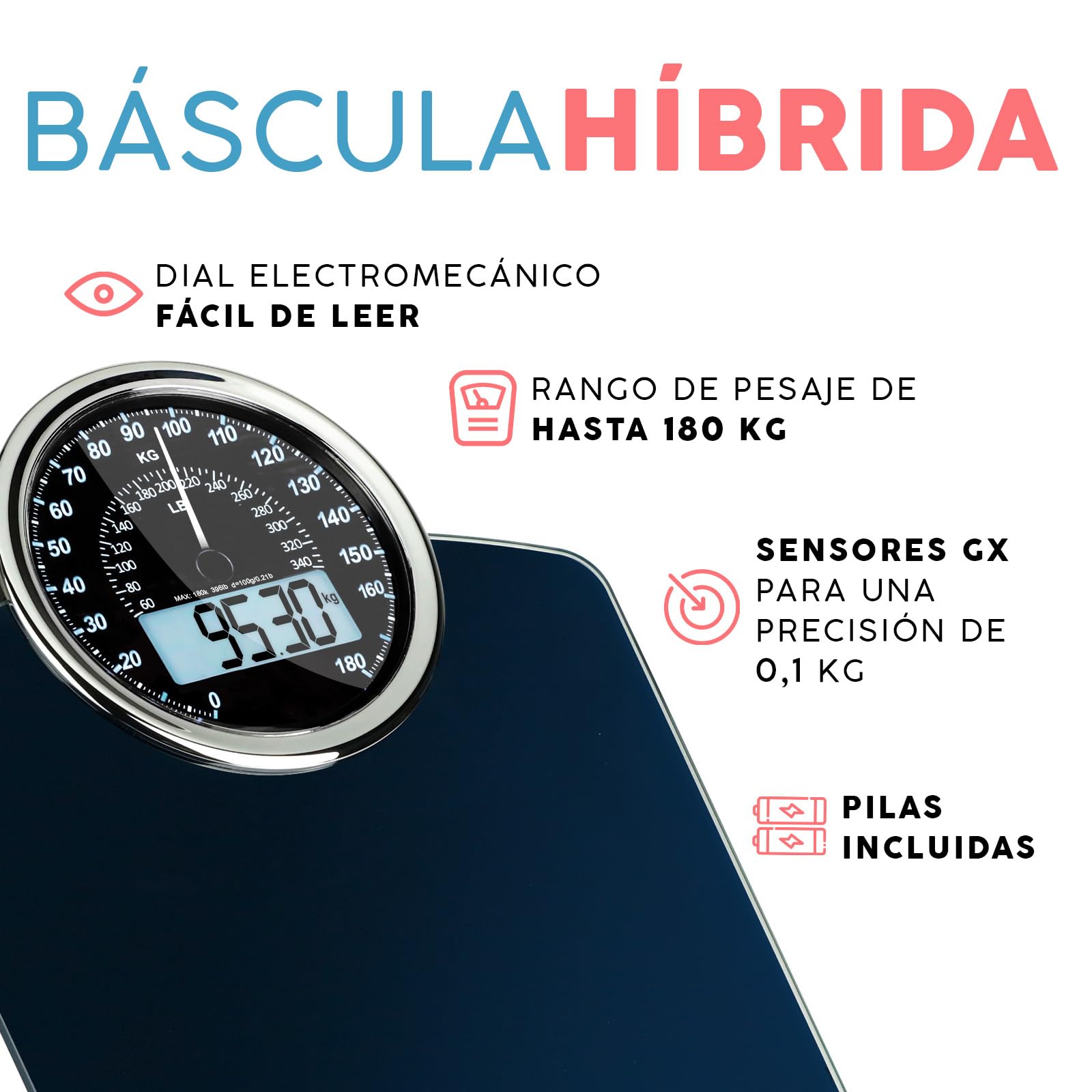 Báscula Híbrida 2 en 1 Analógica y Digital Adamson para Peso Corporal de Hasta 180 kg - Vidrio Grueso - Pantalla Extragrande - Báscula Digital - Fácil de Leer - Azul con Retroiluminación Negra