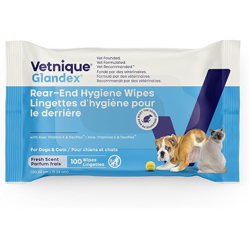 Vetnique Glandex Rear End Wipes for Dogs & Cats, Anal Gland Hygiene & Deodorizing Dog Wipes for Paws and Butt, Boot The Scoot with DeoPlex Enzyme, Aloe & Vitamin E (100ct)