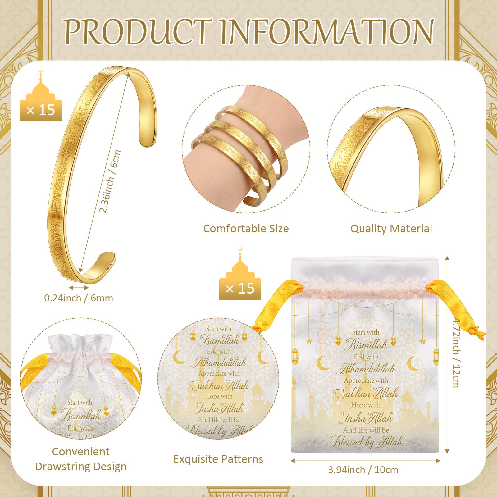 Tondiamo 15/30 Set Eid Al-adha Ayatul Kursi Bracelets Bulk Ramadan Eid Mubarak Gifts for Women Muslim Quran Allah Bangle Arabic Calligraphy Cuff Bracelet Islamic Jewelry with Bag for Party