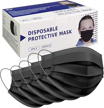 100-Pack Disposable Face Masks, Adjustable Nosepiece & Elastic Ear Bands, Breathable & Allergy-Free, 3-Ply Adult Masks for Home, Office, School, and Outdoors - Black