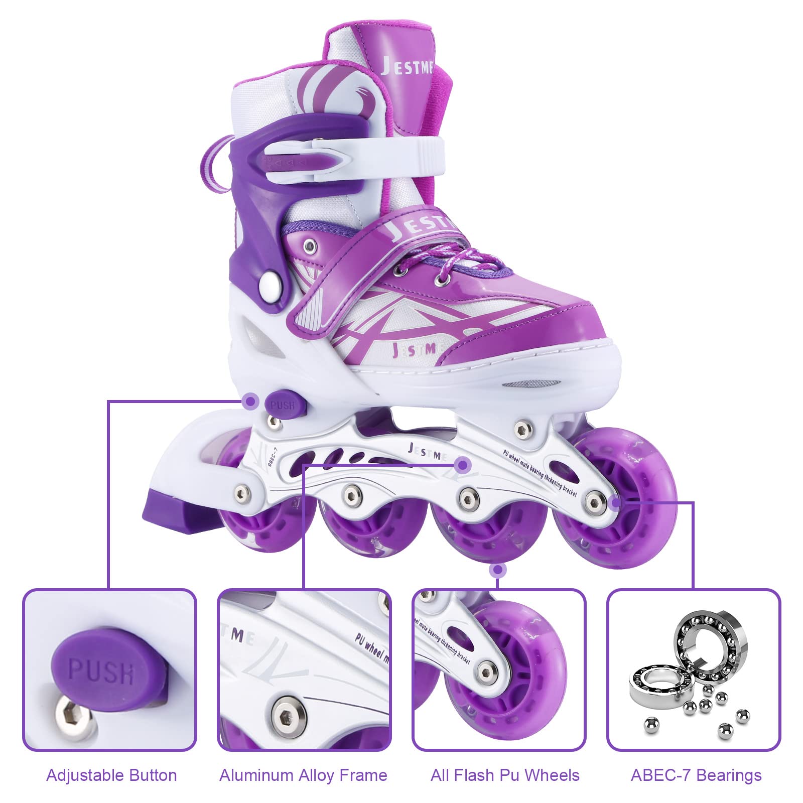 Adjustable Inline Skates for Girls Boys Beginners, Kids Roller Skates with All Illuminating Wheels (Purple, Medium-Big Kids(1-4 US))