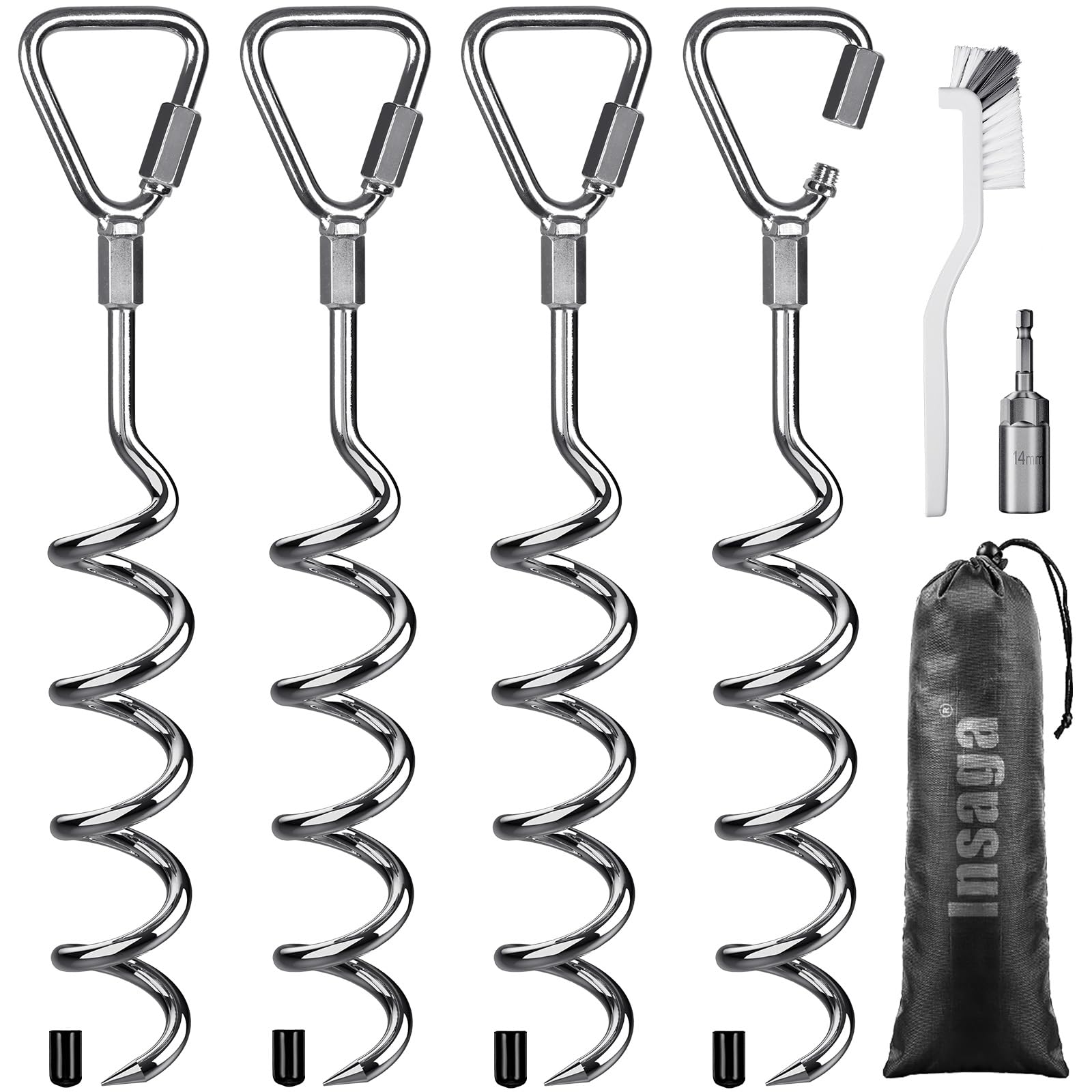 Insaga Lot de 4 piquets d'ancrage au sol robustes en forme de tire-bouchon, piquets de tente pour trampoline - Piquet en spirale pour balançoire de jardin/camping/auvent/abri/chien/abri de voiture