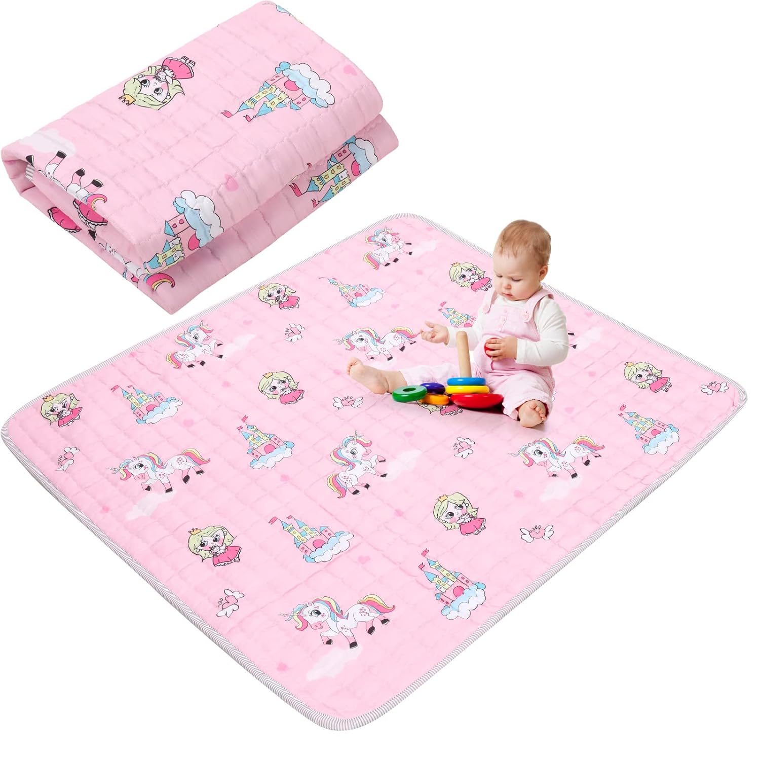 Funtery 43 x 43 Inch Boho Baby Play Mat Portable Crawling Washable Foldable Tummy Time Non Slip Baby Floor Large Playpen Mat for Infants Toddlers Floor Playpen Activity(Pink Unicorn)