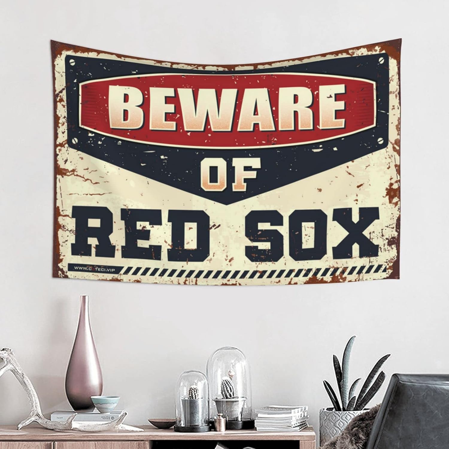 Bedroom Door Decor Beware Of Red Sox Tapestry Funny Bar Decor Funny Bedroom Decor(75X100CM)