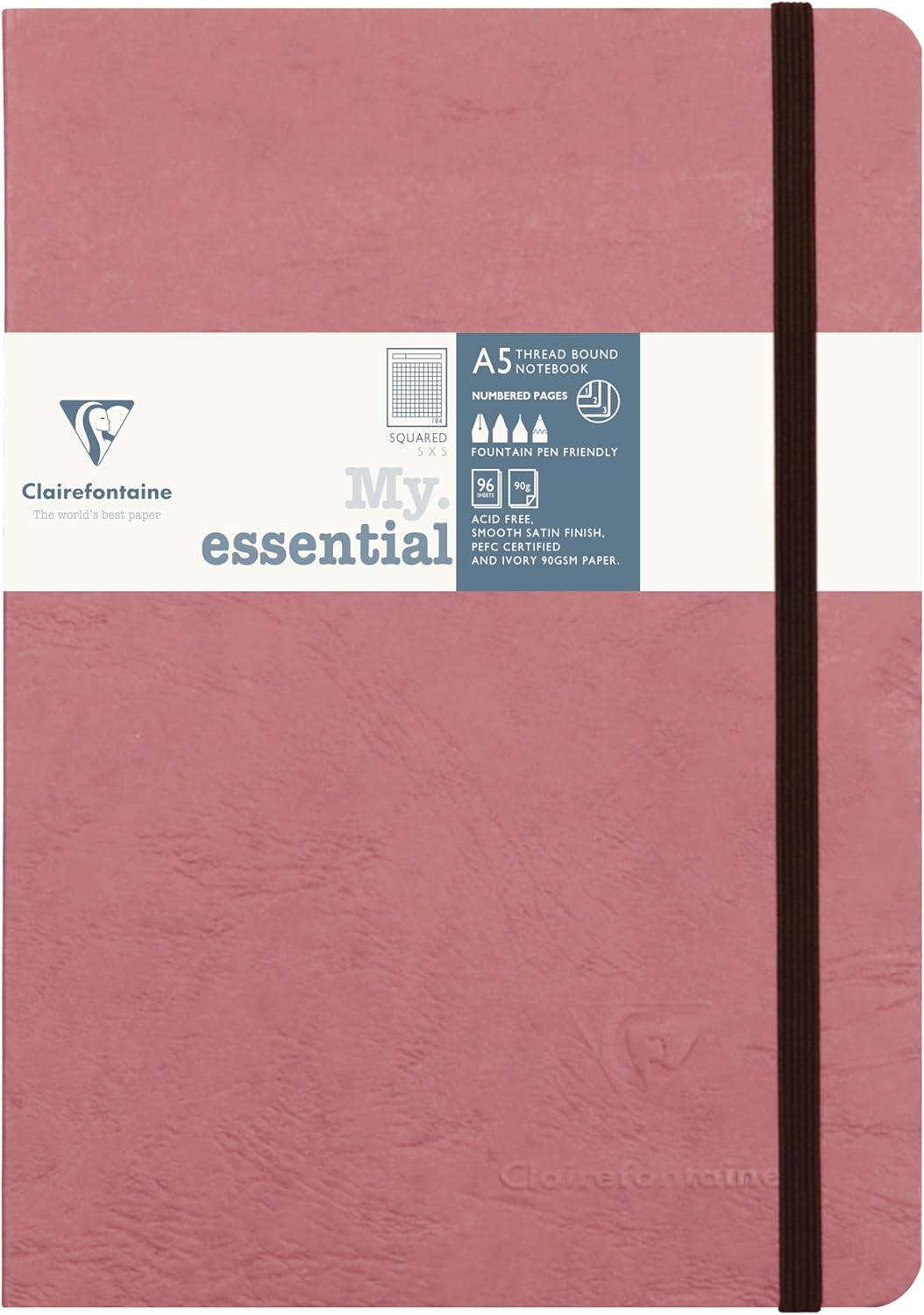 Clairefontaine 793426C Age Bag Collection My.Essential Antique Rose Stitched Notebook A5 14.8x21 192 Pages Small Squares Ivory Paper 90g Card Cover Leather