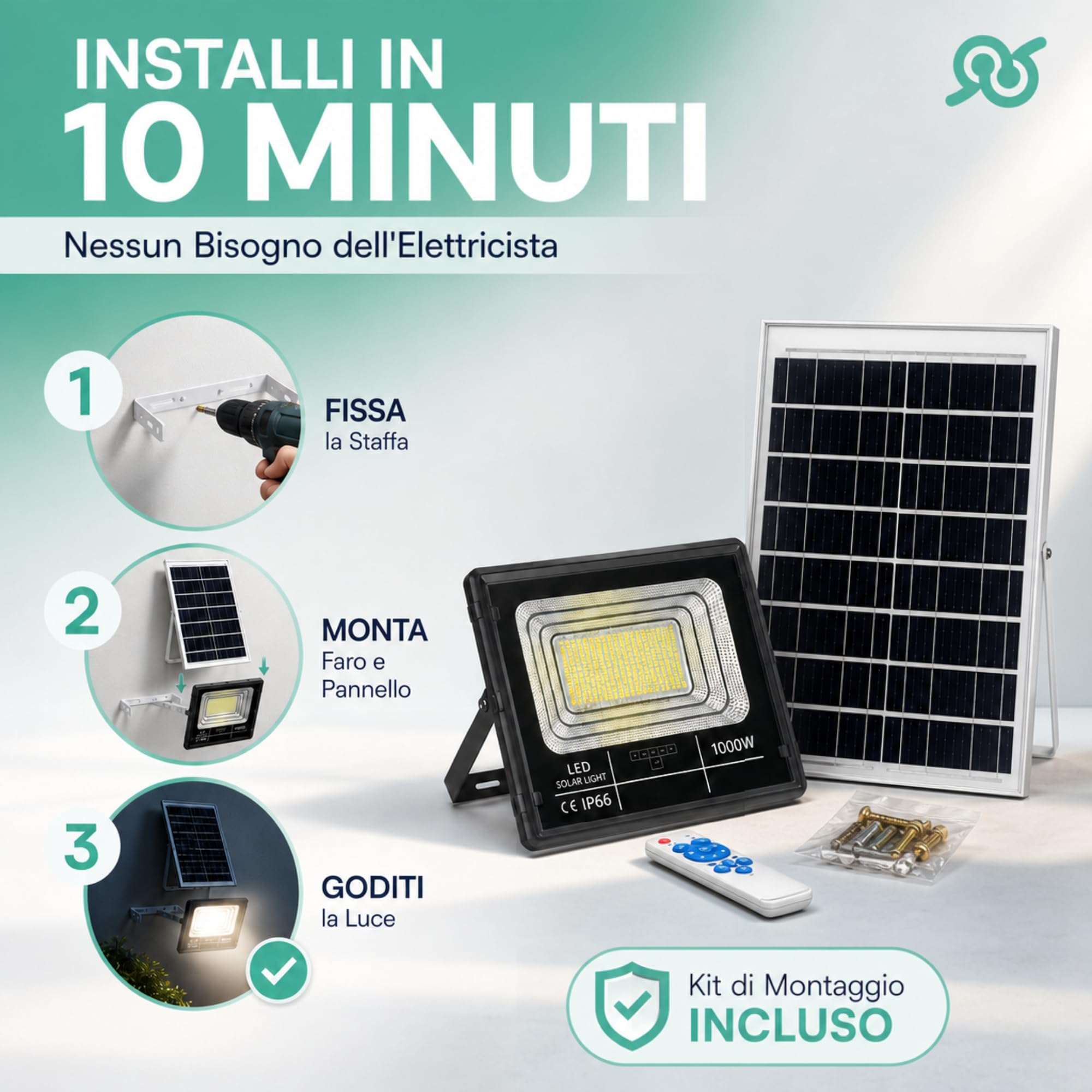 tempo di saldi Faro Led Esterno con Pannello Solare 1000w - Faro Solare da Esterno Potente con Telecomando, Luce Esterna Impermeabile per Giardino e Cortile, Fari a Led ad Alta Efficienza