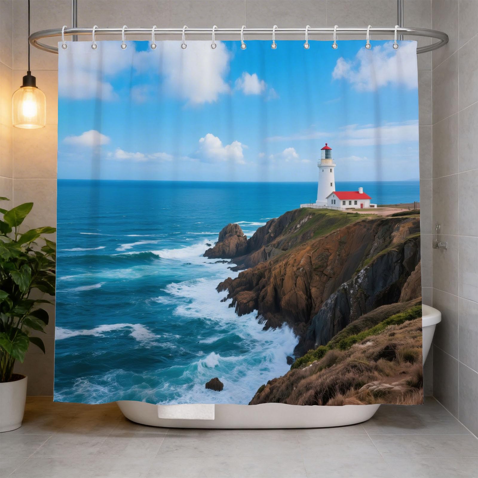 Hongduo 3D Lighthouse Shower Curtain for Stalls Bathtubs Ocean Marine Theme Bathroom Decor Shower Curtain Set Polyester Fabric Waterproof 200x200cm/79X79 Inch with Hooks