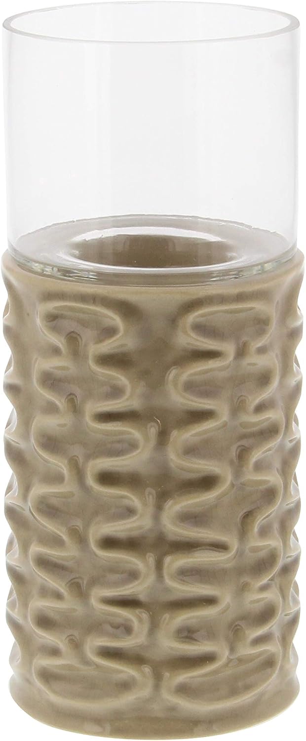 Deco 79 67113 Light Brown Ridged Ceramic Glass Candle Holders, 10" x 11" x 13", Lightbrown/Clear