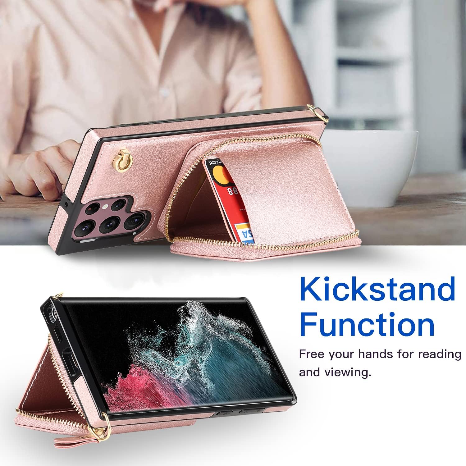 Asuwish Phone Case for Samsung Galaxy S22 Ultra 5G Wallet Cover with Tempered Glass Screen Protector and Zipper Card Holder Slot Stand Leather S22ultra 22S S 22 S22ultra5g G5 6.8 Women Men Rose Gold