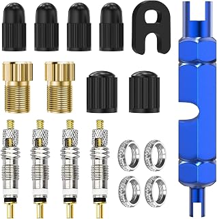 Presta Valve Core Set, 18PCS Replacement Set Included Brass Adapter & Remover Plastic Caps Rim Nuts, Tool Kit for Bicycles, 6.7*5.2*1.2cm