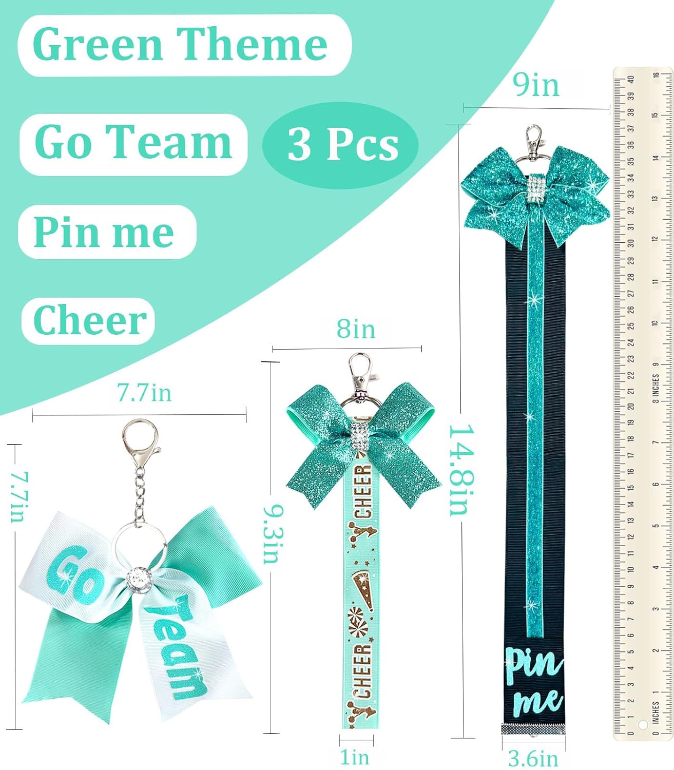 3-Piece Cheer Pin Me Ribbon Set - 13in+8in+6in for Backpack, Keychain & Team | Glitter Cheerleader Accessories Gift for Squad, Coach