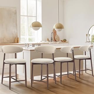 COLAMY Set of 4 Counter Height Bar Stools with Back - Mid Century Modern Upholstered Beige, Sturdy Wood Legs for Kitchen Island & Dining Room